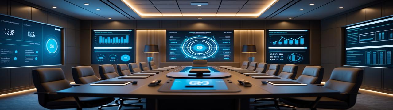 Salle de conseil moderne avec interfaces IA pour dirigeants d'entreprise en 2025
