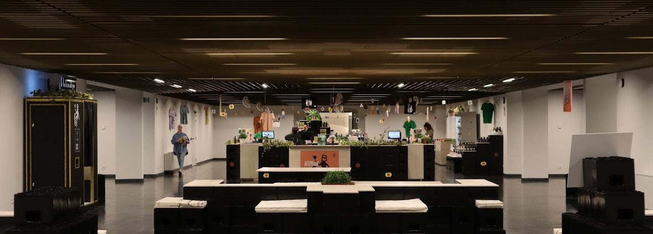 Modern Belgian office with AI technology integration and futuristic digital workspace for 2030