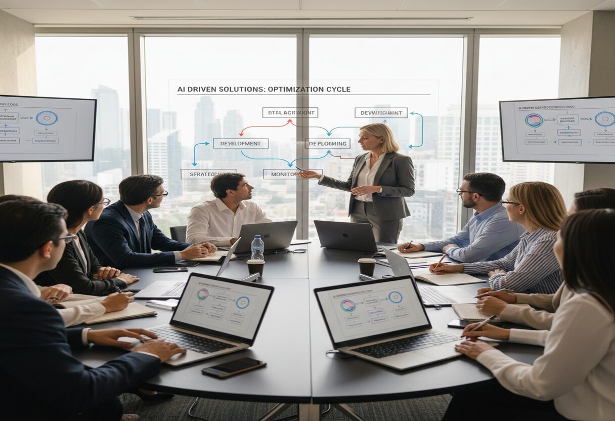 Leaders reviewing team AI capability metrics and change management indicators