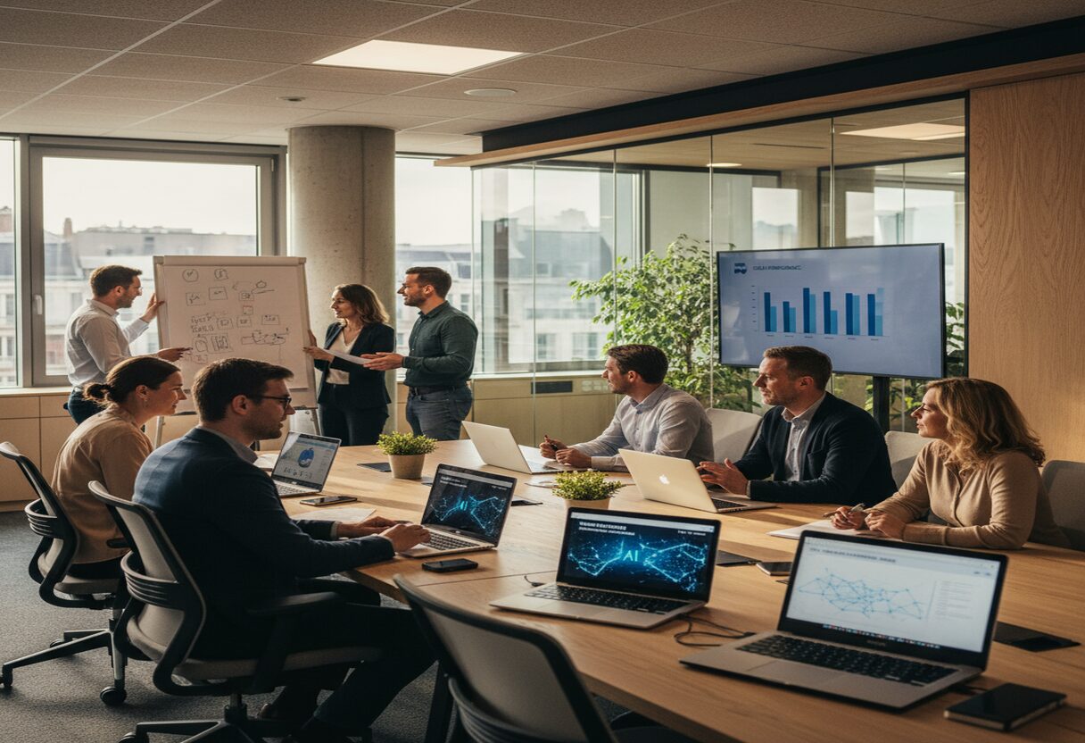 Employees in Belgium reviewing analytics dashboards illustrating AI adoption and trust levels